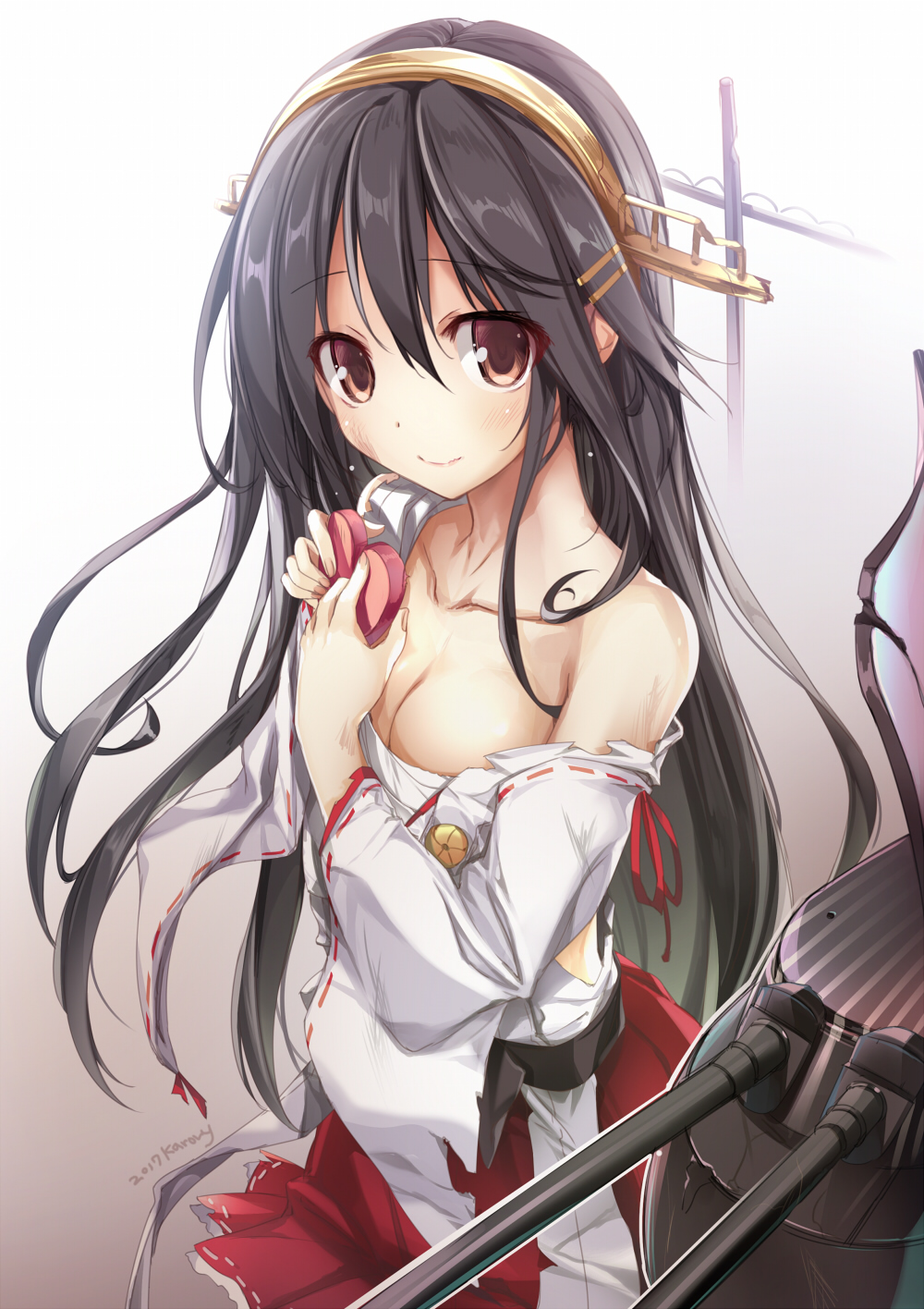 1girl 2017 artist_name black_hair breasts brown_eyes cleavage hairband haruna_(kantai_collection) highres japanese_clothes kantai_collection karory long_hair machinery nontraditional_miko red_skirt sarashi skirt smile solo torn_clothes valentine