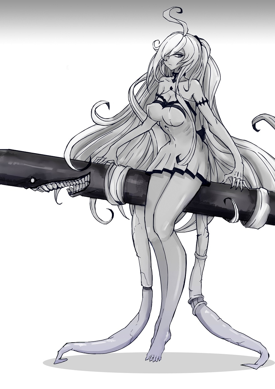 1girl ahoge armband breasts cleavage dress gradient gradient_background grey_eyes grey_skin grin hair_over_one_eye highres kantai_collection long_hair looking_at_viewer messy_hair pepii prehensile_hair shinkaisei-kan short_dress sidesaddle sitting smile solo strapless strapless_dress submarine_hime teeth tentacle torpedo very_long_hair white_background