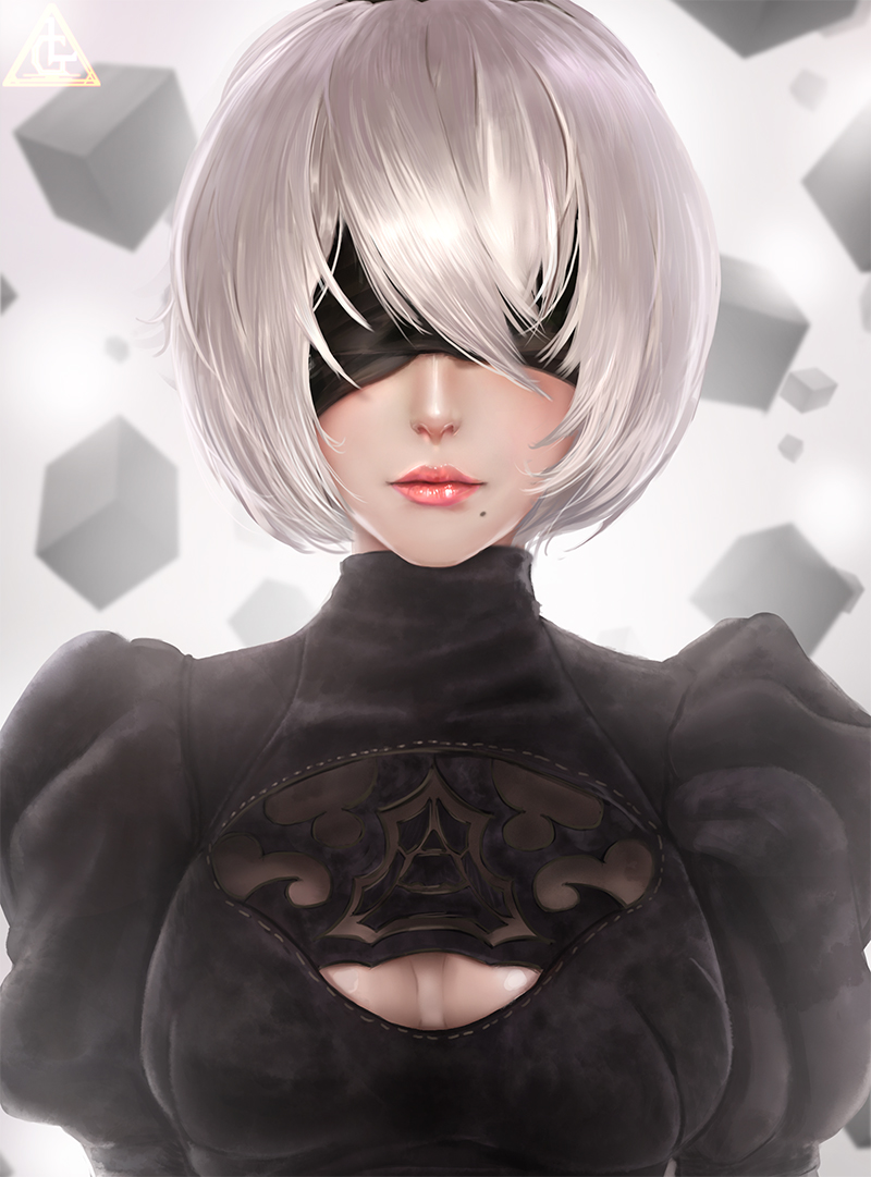 1girl black_dress black_hairband blindfold bob_cut breasts breasts_apart cleavage cleavage_cutout covered_eyes cube dress facing_viewer hair_over_eyes hairband juliet_sleeves lips lipstick long_sleeves makeup medium_breasts mole mole_under_mouth nier_(series) nier_automata nose pink_lips pink_lipstick portrait puffy_sleeves ribbed_dress rimu_niku short_hair signature silver_hair solo turtleneck upper_body yorha_no._2_type_b