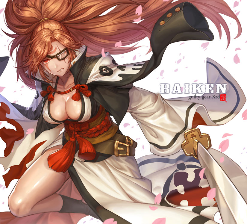1girl baiken box_(hotpppink) breasts cherry_blossoms cleavage clenched_teeth eyepatch facial_tattoo guilty_gear guilty_gear_xrd japanese_clothes long_hair looking_at_viewer petals ponytail red_eyes redhead scar scar_across_eye solo sword tattoo teeth torn_clothes torn_sleeves weapon wide_sleeves