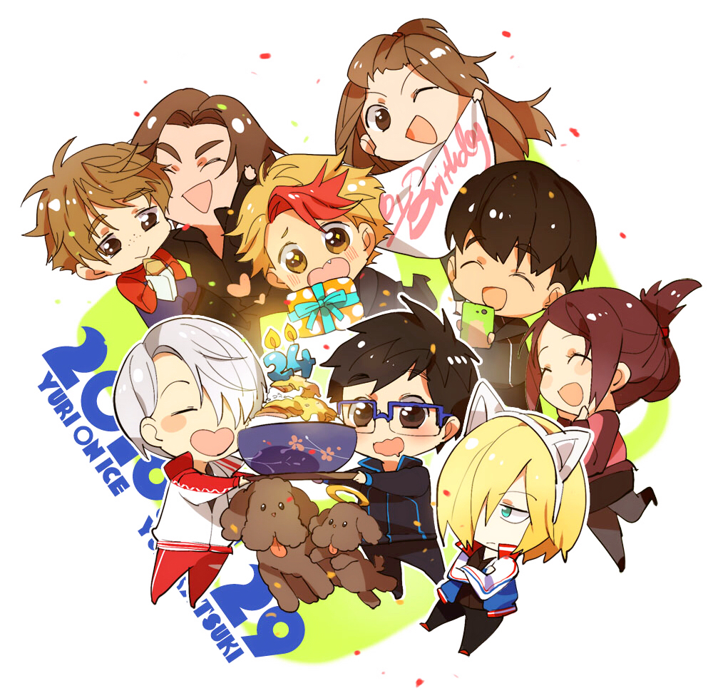 2girls 6+boys ;d ^_^ animal_ears banner birthday black_hair blonde_hair blue-framed_eyewear bowl brown_eyes brown_hair candle cat_ears cellphone chibi closed_eyes crossed_arms dated dog drooling fake_animal_ears fang folded_ponytail food freckles gift glasses green_eyes hair_over_one_eye heart jacket ji_guang-hong katsudon_(food) katsuki_yuuri leo_de_la_iglesia makkachin minami_kenjirou multiple_boys multiple_girls nishigoori_yuuko okukawa_minako one_eye_closed open_mouth phichit_chulanont phone redhead silver_hair smartphone smile track_jacket viktor_nikiforov yanzhan yuri!!!_on_ice yuri_plisetsky