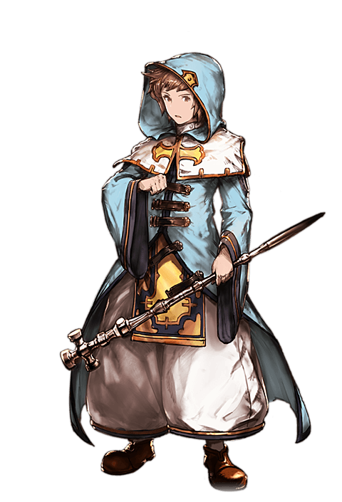 1boy alpha_transparency brown_eyes brown_hair cloak gran_(granblue_fantasy) granblue_fantasy hood hooded_cloak male_focus minaba_hideo official_art open_mouth priest_(granblue_fantasy) puffy_pants short_hair solo staff transparent_background