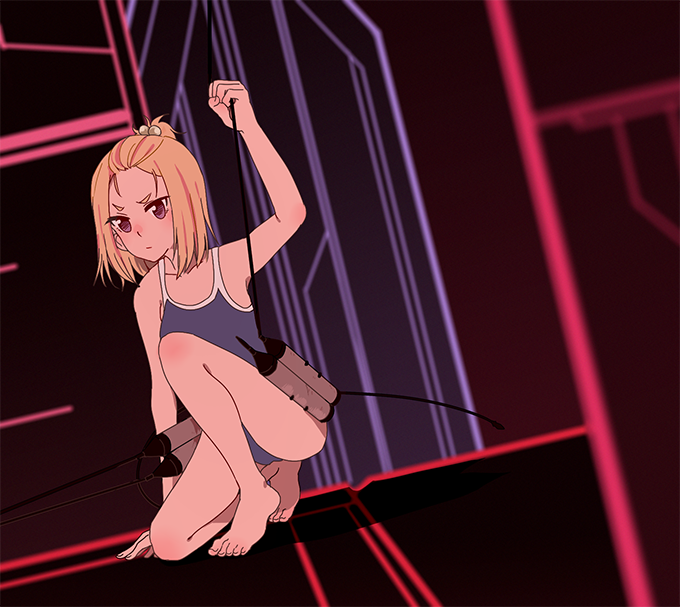 &gt;:| 1girl bangs_pinned_back barefoot blonde_hair competition_school_swimsuit flip_flappers hair_bobbles hair_ornament keiya one-piece_swimsuit solo swimsuit yayaka