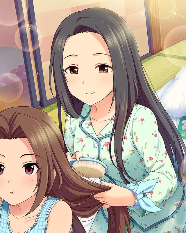 2girls :o aino_nagisa artist_request bare_shoulders black_hair brown_eyes brown_hair card_(medium) collarbone floral_print hair_brush hair_brushing hair_down idolmaster idolmaster_cinderella_girls long_hair multiple_girls official_art open_mouth pajamas parted_lips sena_shiori_(idolmaster) smile tatami