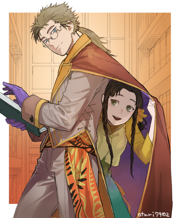 1boy 1girl black_eyes black_hair blue_eyes book braid brown_hair cape glasses gloves indesign long_hair ponytail romancing_saga_3 saga sarah_carson sketch thomas_bent twitter_username