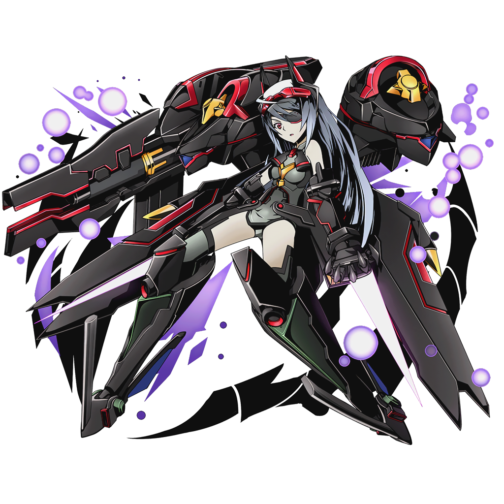 1girl divine_gate eyepatch full_body grey_leotard infinite_stratos laura_bodewig leaning_back leotard long_hair mecha_musume official_art red_eyes silver_hair solo transparent_background ucmm