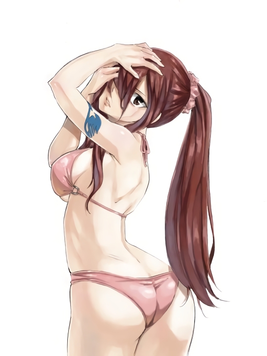 1girl ass bikini breasts brown_eyes cowboy_shot erza_scarlet fairy_tail from_behind hair_ornament hair_over_one_eye hair_scrunchie hands_in_hair head_tilt large_breasts long_hair looking_at_viewer looking_back mashima_hiro official_art pink_bikini redhead scrunchie sideboob simple_background solo swimsuit tattoo under_boob white_background