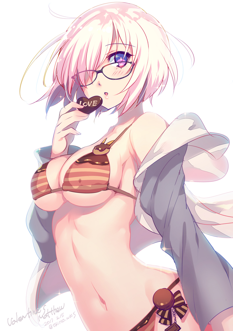 1girl bikini black-framed_eyewear blush breasts chocolate chocolate_heart cleavage dated fate/grand_order fate_(series) hair_over_one_eye heart large_breasts looking_at_viewer navel nishimura_eri parted_lips shielder_(fate/grand_order) sideboob simple_background sketch solo striped striped_bikini swimsuit twitter_username under_boob valentine violet_eyes white_background