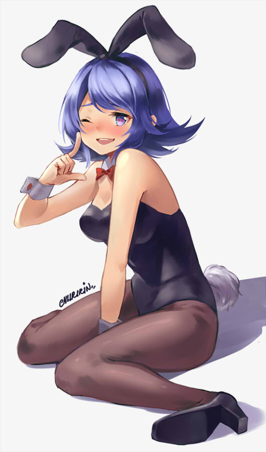 1girl animal_ears artist_name black_legwear blue_eyes blue_hair blue_leotard bow bowtie bunny_tail bunnysuit chiiririn detached_collar heart heart-shaped_pupils leotard one_eye_closed original pantyhose rabbit_ears short_hair sitting solo symbol-shaped_pupils tail wariza white_background wrist_cuffs