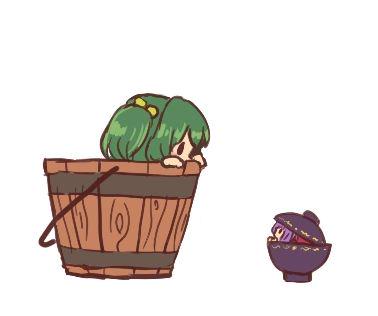 ._. 2girls bow bowl bowl_hat bucket chibi eye_contact green_hair hair_bow hat in_bowl in_bucket in_container kisume looking_at_another lowres minigirl multiple_girls peeking_out purple_hair simple_background sukuna_shinmyoumaru terajin touhou white_background wooden_bucket