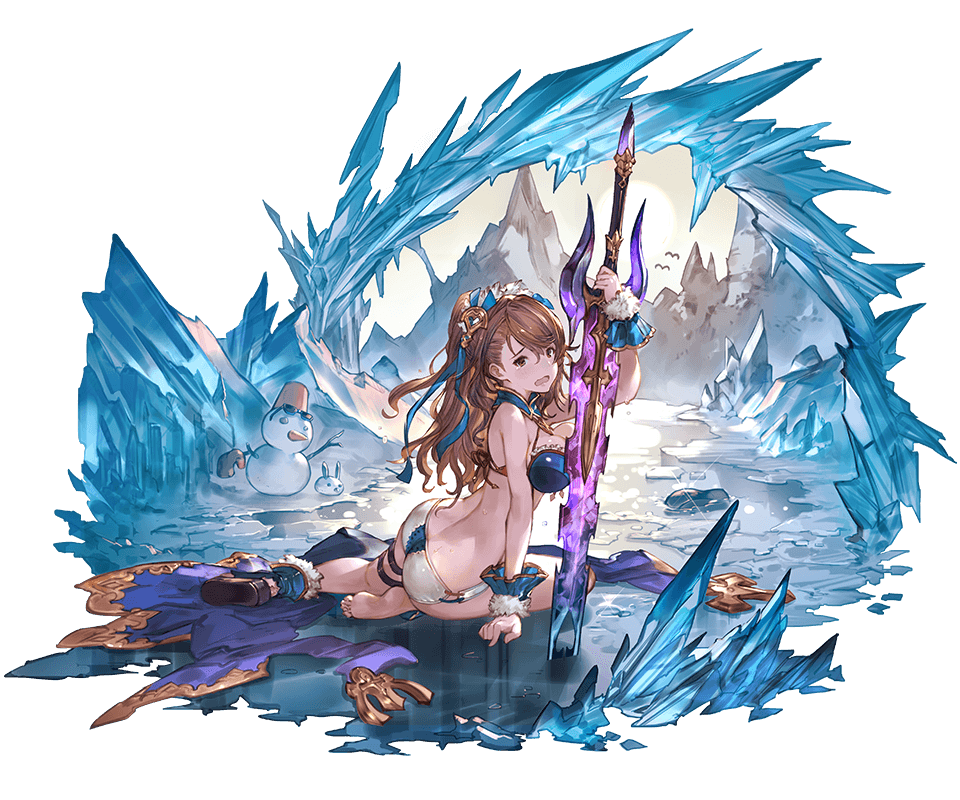 1girl ass beatrix_(granblue_fantasy) bikini breasts brown_eyes brown_hair cleavage fur_trim granblue_fantasy hair_ornament ice looking_at_viewer minaba_hideo official_art open_mouth sandals sitting snowman solo swimsuit sword transparent_background weapon wrist_cuffs