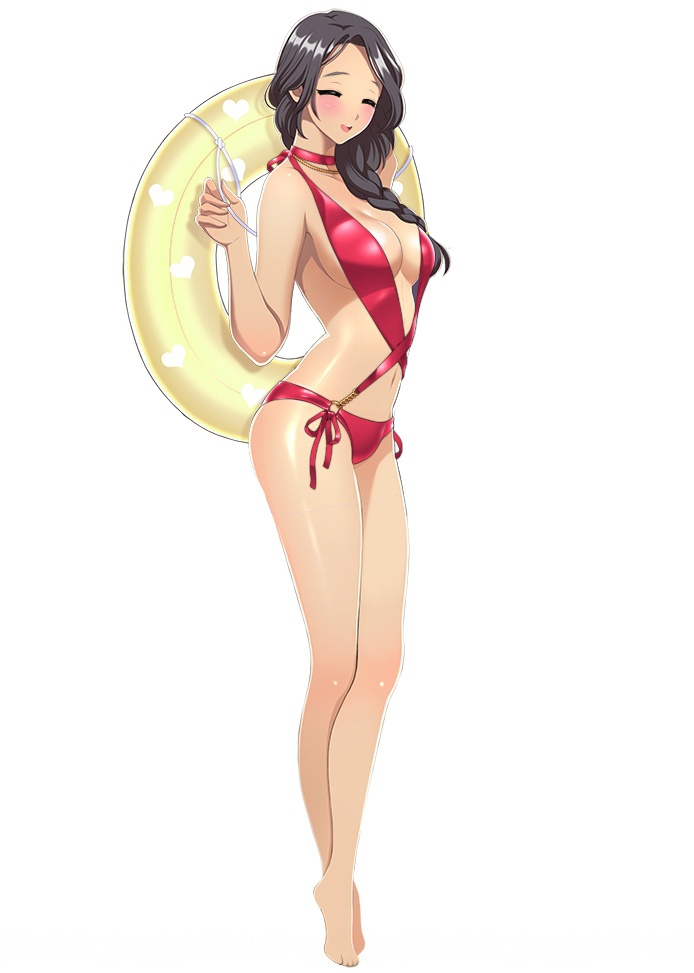 1girl akinaga_wakana bare_shoulders barefoot black_hair braid breasts casual_one-piece_swimsuit cleavage closed_eyes collarbone drift_girls full_body holding innertube jewelry large_breasts long_hair necklace official_art one-piece_swimsuit open_mouth red_swimsuit shiny shiny_skin simple_background solo swimsuit white_background