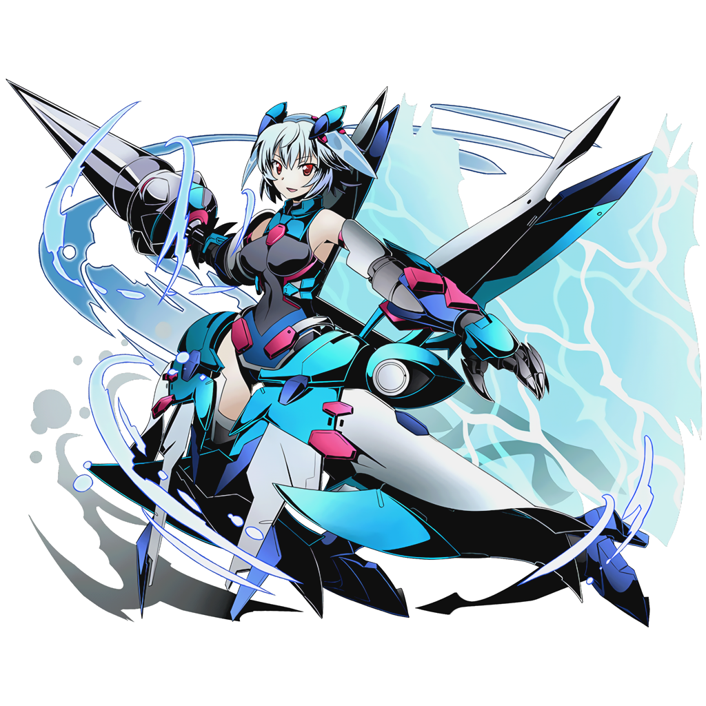 1girl black_leotard blue_hair breasts breasts_apart covered_navel divine_gate eyebrows_visible_through_hair full_body holding holding_weapon infinite_stratos lance leotard mecha_musume medium_breasts official_art open_mouth polearm red_eyes sarashiki_tatenashi short_hair solo transparent_background ucmm weapon