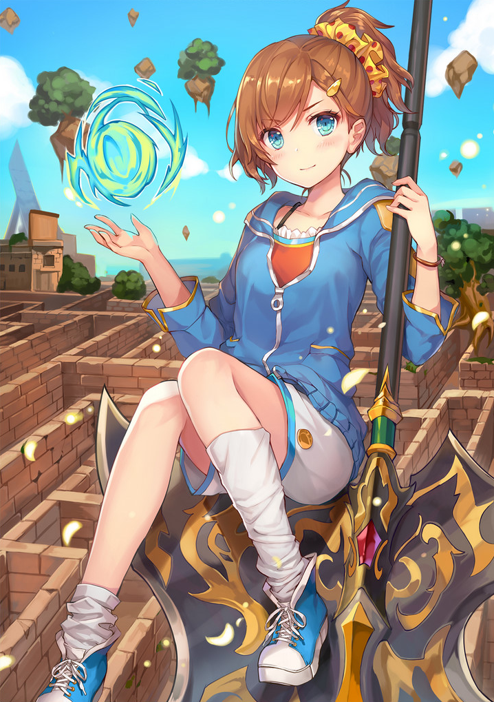 1girl ayazato_suzuka blue_eyes brown_hair collarbone hair_ornament hair_scrunchie hairclip halberd high_ponytail holding holding_weapon last_embryo looking_at_viewer loose_socks momoko_(momopoco) mondaiji-tachi_ga_isekai_kara_kuru_sou_desu_yo? novel_illustration official_art polearm scrunchie short_hair shorts smile socks solo weapon white_legwear white_shorts zipper