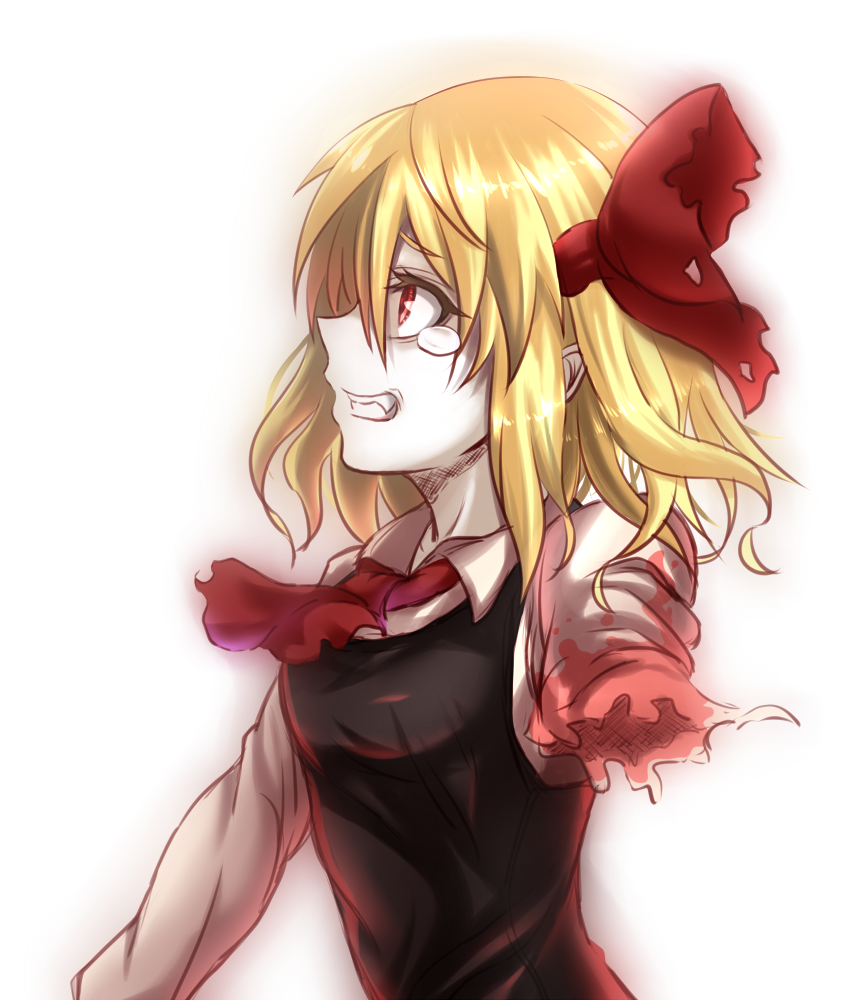 1girl amputee ascot bangs blonde_hair blood bloody_clothes bow breasts collared_shirt commentary_request eyebrows_visible_through_hair from_side hair_between_eyes hair_bow injury looking_to_the_side profile red_bow red_eyes rumia shirt simple_background sleeveless small_breasts solo tears teeth torn_clothes torn_shirt touhou upper_body white_background white_shirt white_skin yarumi_(suina)