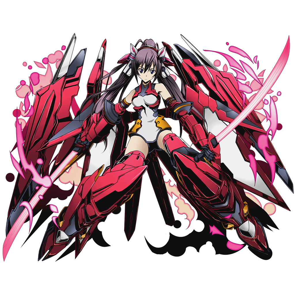 1girl akatsubaki bare_shoulders black_hair divine_gate dual_wielding full_body hair_between_eyes high_ponytail holding holding_sword holding_weapon infinite_stratos katana long_hair mecha_musume official_art shinonome_nano solo sword transparent_background ucmm very_long_hair weapon