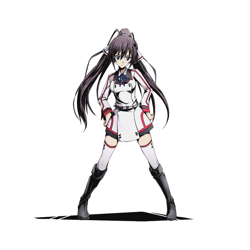 1girl black_boots black_hair blue_eyes blue_ribbon boots divine_gate full_body grey_ribbon hair_between_eyes hair_ribbon hands_on_hips high_ponytail infinite_stratos knee_boots long_hair looking_at_viewer neck_ribbon official_art ribbon shinonome_nano solo thigh-highs transparent_background ucmm uniform very_long_hair white_legwear