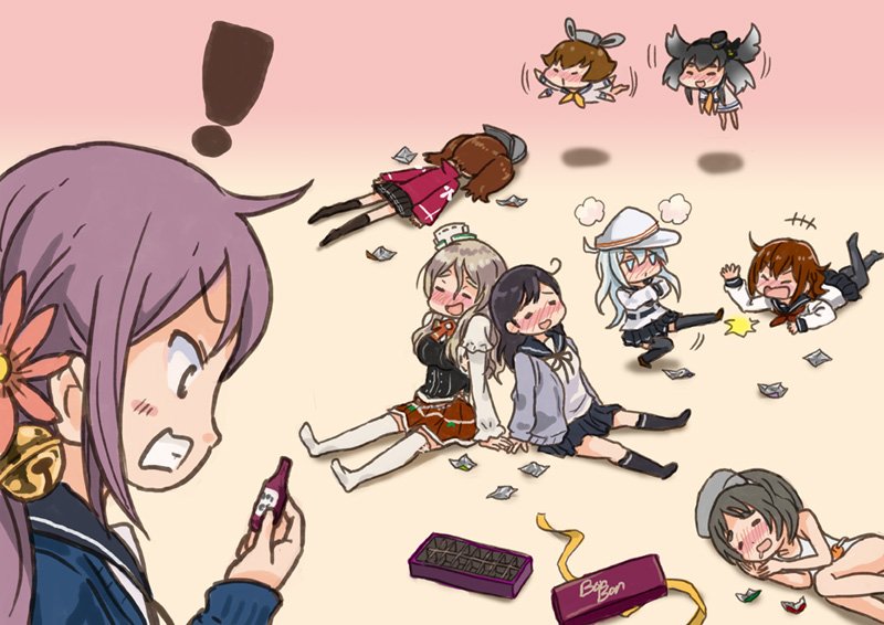 +++ 6+girls ahoge akebono_(kantai_collection) alcohol bell black_hair blonde_hair blue_eyes blush brown_hair chocolate clenched_teeth comic commentary_request crossed_arms dancing diving_mask_on_head dress drooling drunk face_down flapping flat_cap flower flying full-face_blush hair_bell hair_flaps hair_flower hair_ornament hat hat_removed headdress headgear headwear_removed hibiki_(kantai_collection) ikazuchi_(kantai_collection ikazuchi_(kantai_collection) japanese_clothes jingle_bell kantai_collection kariginu laughing leaning_on_person long_hair long_sleeves lying maru-yu_(kantai_collection) mini_hat multiple_girls neckerchief no_shoes nose_blush on_side on_stomach open_mouth otoufu pantyhose pleated_skirt pola_(kantai_collection) purple_hair ryuujou_(kantai_collection) sailor_dress school_swimsuit school_uniform serafuku shadow shikigami short_hair short_sleeves side_ponytail sidelocks silver_hair skirt sleeping smile surprised sweater swimsuit teeth thigh-highs tokitsukaze_(kantai_collection) translation_request twintails ushio_(kantai_collection) verniy_(kantai_collection) violet_eyes visor_cap white_swimsuit wrapper yukikaze_(kantai_collection)