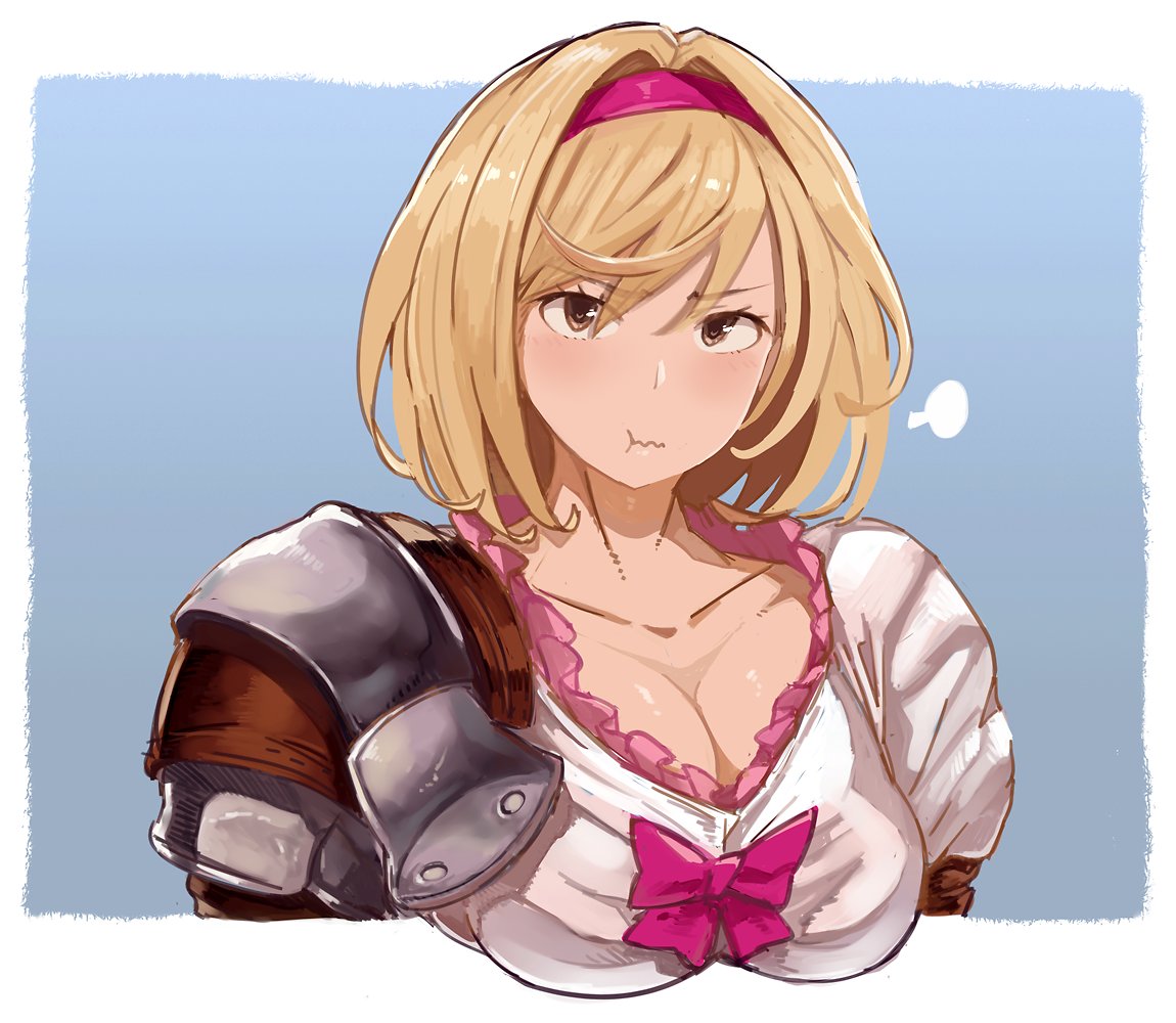 1girl blonde_hair blush breasts brown_eyes cleavage djeeta_(granblue_fantasy) dress fighter_(granblue_fantasy) granblue_fantasy hairband large_breasts looking_at_viewer pauldrons pink_dress pout puffy_sleeves shoohee short_hair solo upper_body
