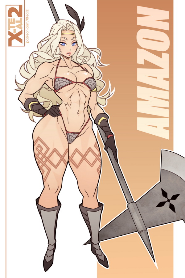 1girl abs amazon_(dragon's_crown) armor artist_name bikini_armor blonde_hair breasts character_name cleavage dragon's_crown full_body gloves halberd hand_on_hip looking_at_viewer muscle muscular_female polearm solo tattoo thick_thighs thighs watermark weapon web_address x-teal2