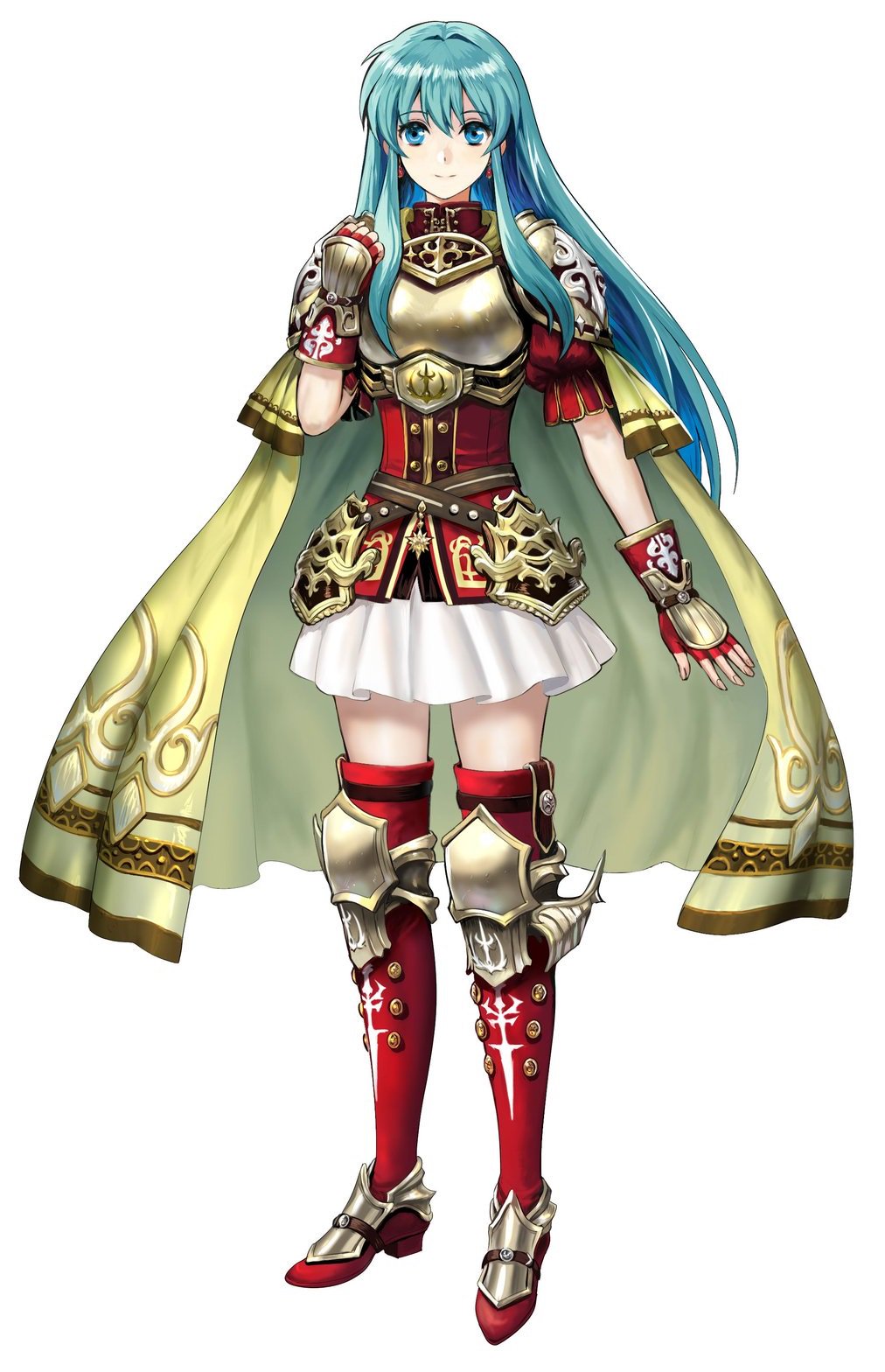 1girl aqua_hair armor blue_eyes blue_hair boots breastplate cape earrings eirika fire_emblem fire_emblem:_seima_no_kouseki fire_emblem_heroes full_body gloves half_gloves highres jewelry long_hair miniskirt puffy_short_sleeves puffy_sleeves red_boots short_sleeves shoulder_pads sidelocks skirt smile solo thigh-highs thigh_boots very_long_hair white_skirt zettai_ryouiki