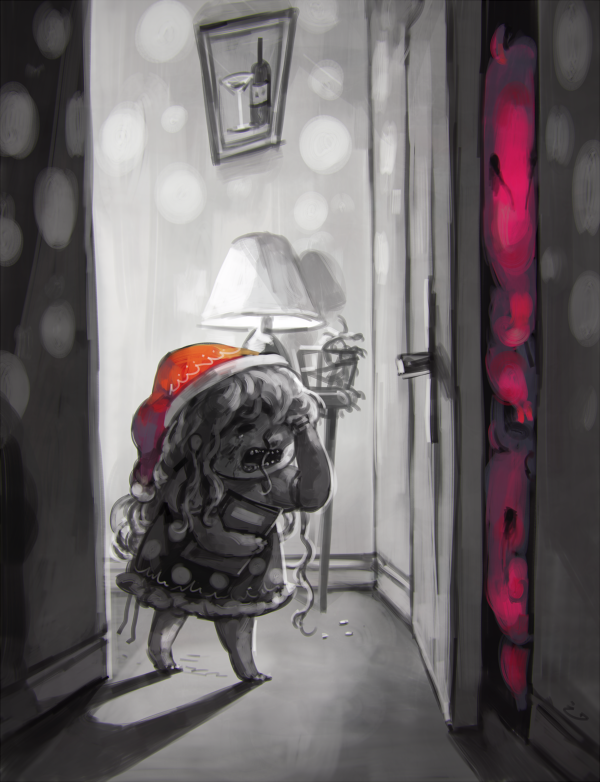 1girl baku_(creature) book commentary_request crying door doremy_sweet doremy_sweet_(baku) dots dress greyscale hat holding holding_book indoors koto_inari lamp long_hair monochrome nightcap open_mouth shadow short_sleeves spot_color touhou walking