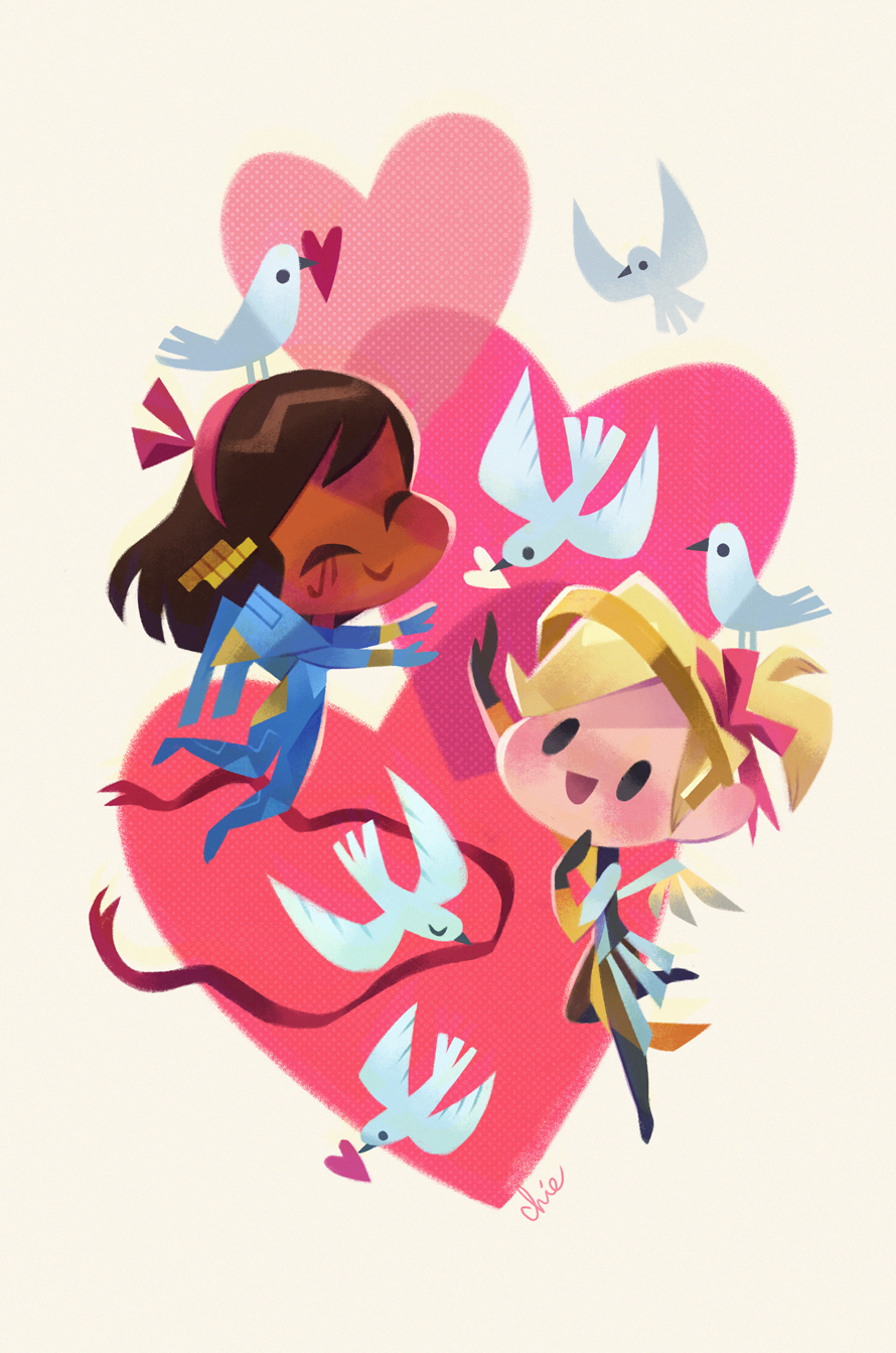 2girls :d artist_name bird blonde_hair brown_hair chibi commentary dark_skin dove eye_of_horus hair_ribbon hairband heart highres mechanical_halo mechanical_wings mercy_(overwatch) multiple_girls open_mouth overwatch pharah_(overwatch) pink_ribbon ribbon signal_flag simple_background smile solid_circle_eyes spread_wings tinysnails valentine wings yellow_wings
