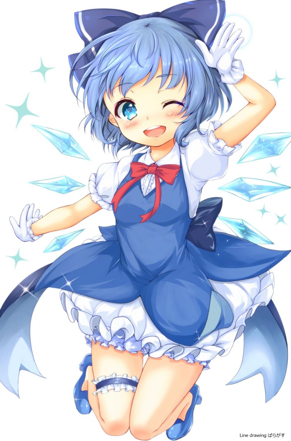1girl bangs bloomers blue_bow blue_dress blue_eyes blue_hair blue_shoes blush bow bowtie cirno commentary_request dress gloves hair_bow high_heels highres ice ice_wings kawasumi leg_garter looking_at_viewer one_eye_closed open_mouth paragasu_(parags112) red_bow red_bowtie salute shoes short_hair simple_background smile solo sparkle teeth touhou underwear white_background white_gloves wings