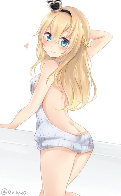 1girl bare_arms bare_back bare_legs bare_shoulders blonde_hair blue_eyes braid crown french_braid heart kantai_collection long_hair meme_attire mini_crown naked_sweater nikoo sleeveless smile solo sweater virgin_killer_sweater warspite_(kantai_collection) white_background white_sweater