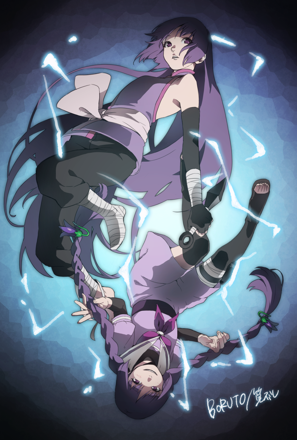 bandage bare_shoulders blush boruto:_naruto_next_generations braid breasts elbow_gloves fingerless_gloves gloves highres kakei_sumire knife kunai long_hair looking_at_viewer naruto open_mouth purple_hair small_breasts smile thigh-highs twin_braids very_long_hair violet_eyes weapon