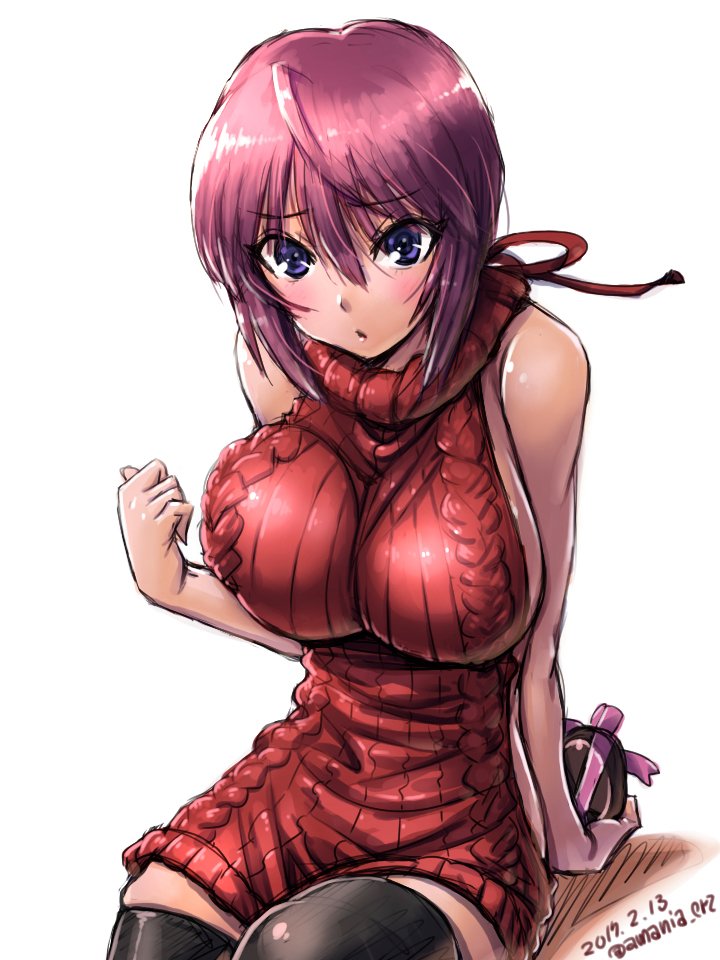 1girl ahoge amania_orz aran_sweater backless_outfit bare_arms bare_shoulders black_legwear blue_eyes blush breasts chestnut_mouth chocolate chocolate_heart dated drawstring dress eyebrows_visible_through_hair gift gundam gundam_seed gundam_seed_destiny heart large_breasts looking_at_viewer lunamaria_hawke meme_attire naked_sweater open-back_dress redhead ribbed_sweater shiny shiny_hair shiny_skin short_hair sideboob sitting sleeveless sleeveless_turtleneck solo sweater sweater_dress thigh-highs turtleneck turtleneck_sweater twitter_username valentine virgin_killer_sweater white_background