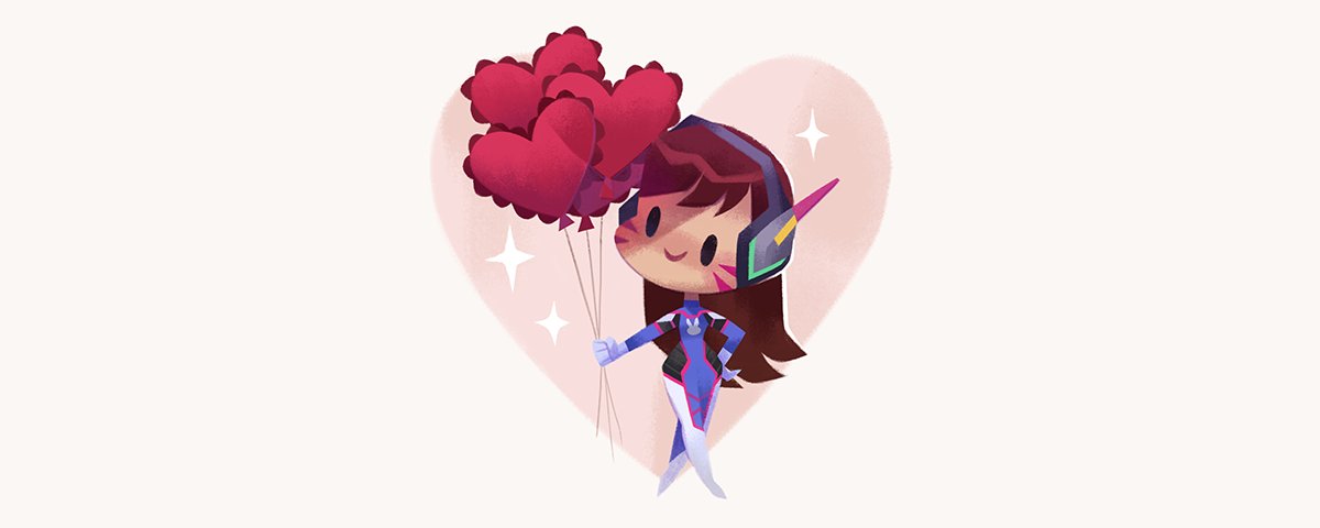 1girl animal_print balloon bangs bodysuit brown_hair bunny_print chibi d.va_(overwatch) facepaint facial_mark full_body headphones heart heart_balloon high_collar holding_balloon long_hair overwatch pilot_suit shoulder_pads simple_background skin_tight solid_circle_eyes solo sparkle star swept_bangs tinysnails valentine whisker_markings white_background