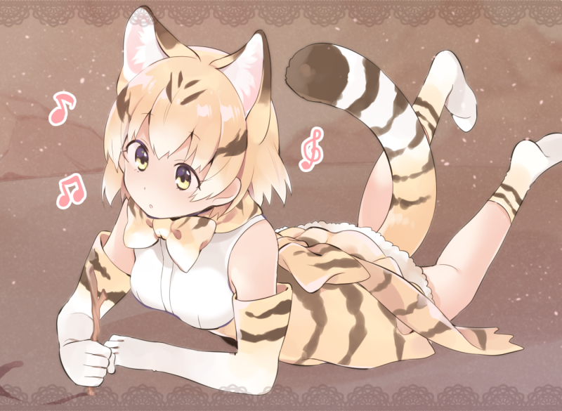 1girl :o akagashi_hagane animal_ears bare_shoulders beamed_quavers blonde_hair bow bowtie branch breasts cat_ears cat_tail elbow_gloves expressionless eyebrows_visible_through_hair eyelashes from_side fur_trim gloves ground holding_branch kemono_friends legs_up looking_away lying medium_breasts multicolored_hair music musical_note no_shoes on_stomach open_mouth quaver sand_cat_(kemono_friends) shirt short_hair singing skirt sleeveless sleeveless_shirt socks solo streaked_hair tail tareme treble_clef white_shirt yellow_eyes