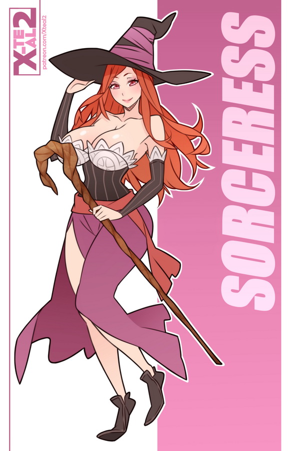 1girl artist_name bare_shoulders breasts brown_hair character_name cleavage detached_sleeves dragon's_crown full_body hat large_breasts long_hair looking_at_viewer sash side_slit smile solo sorceress_(dragon's_crown) staff watermark web_address witch_hat x-teal2