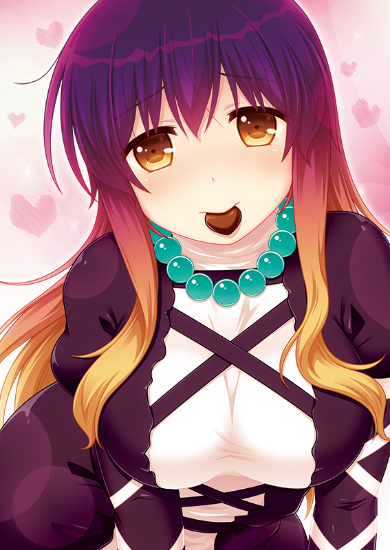 1girl bangs bead_necklace beads blonde_hair blush breasts chocolate chocolate_heart cpu_(hexivision) dress food_in_mouth gradient_hair heart heart_background hijiri_byakuren jewelry juliet_sleeves large_breasts leaning_forward long_hair long_sleeves looking_at_viewer mouth_hold multicolored_hair necklace puffy_sleeves purple_hair sidelocks solo touhou upper_body yellow_eyes