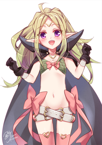 1girl ahoge belt black_gloves blush bow cape clenched_hands fire_emblem fire_emblem:_kakusei gloves heart hlz long_hair looking_at_viewer navel nowi_(fire_emblem) open_mouth pink_legwear ponytail smile solo thigh-highs tiara violet_eyes