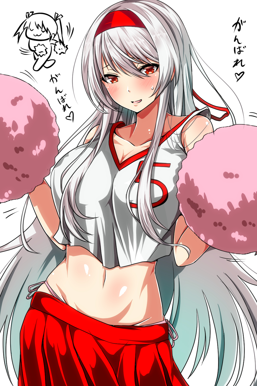1girl alternate_costume ar_(lover_boy) arm_up blush breasts cheerleader clothes_writing collarbone commentary_request crop_top crop_top_overhang hairband highres kantai_collection large_breasts long_hair midriff miniskirt navel panties pom_poms red_skirt shoukaku_(kantai_collection) side-tie_panties skirt sleeveless smile solo translation_request twintails underwear white_hair zuikaku_(kantai_collection)