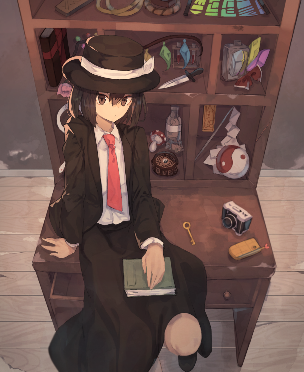 1girl arm_support bei_mochi black_eyes black_hair black_skirt book bottle branch camera cellphone closed_mouth commentary_request crystal desk fedora grimoire_of_alice hair_between_eyes hat hat_ribbon highres jeweled_branch_of_hourai key knife long_sleeves looking_at_viewer mini-hakkero mushroom necktie ofuda on_desk oonusa phone red_necktie ribbon ritual_baton shirt sitting sitting_on_desk skirt solo sorcerer's_sutra_scroll suit_jacket test_tube touhou usami_renko white_shirt yin_yang_orb