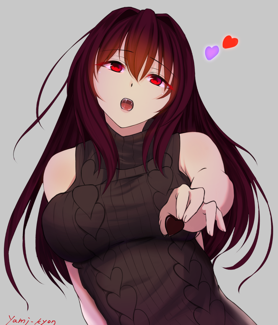 breasts fate/grand_order fate_(series) long_hair open_mouth purple_hair red_eyes scathach_(fate/grand_order) solo sweater valentine yami_kyon_oov