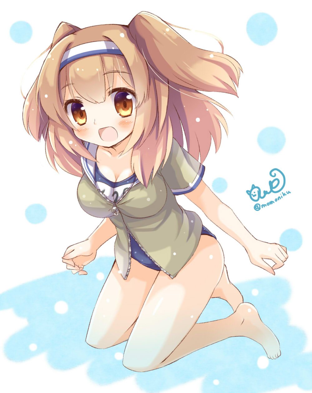1girl :d barefoot breasts hairband highres i-26_(kantai_collection) kantai_collection light_brown_eyes light_brown_hair long_hair looking_at_viewer momoniku_(taretare-13) name_tag new_school_swimsuit one-piece_swimsuit open_clothes open_mouth sailor_collar school_swimsuit short_sleeves smile solo swimsuit swimsuit_under_clothes twitter_username two-tone_hairband two_side_up