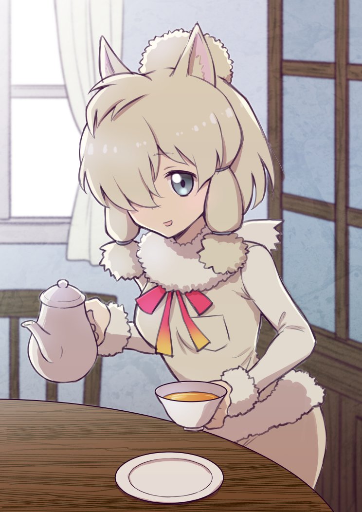 1girl :d alpaca_ears alpaca_suri animal_ears bangs blonde_hair blue_eyes breasts cafe chair collar cup curtains eyebrows_visible_through_hair fluffy_collar fur_collar fur_trim hair_bun hair_over_one_eye hair_ribbon holding holding_cup indoors inumoto kemono_friends long_sleeves looking_at_viewer medium_breasts neck_ribbon open_mouth pocket ribbon saucer short_hair smile solo swept_bangs table tareme tea teacup teapot tress_ribbon window wooden_chair wooden_table