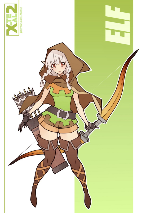 1girl arrow artist_name belt boots bow_(weapon) brown_eyes character_name cloak dragon's_crown elf elf_(dragon's_crown) full_body hood looking_at_viewer pointy_ears quiver silver_hair solo thigh-highs thigh_boots watermark weapon web_address x-teal2