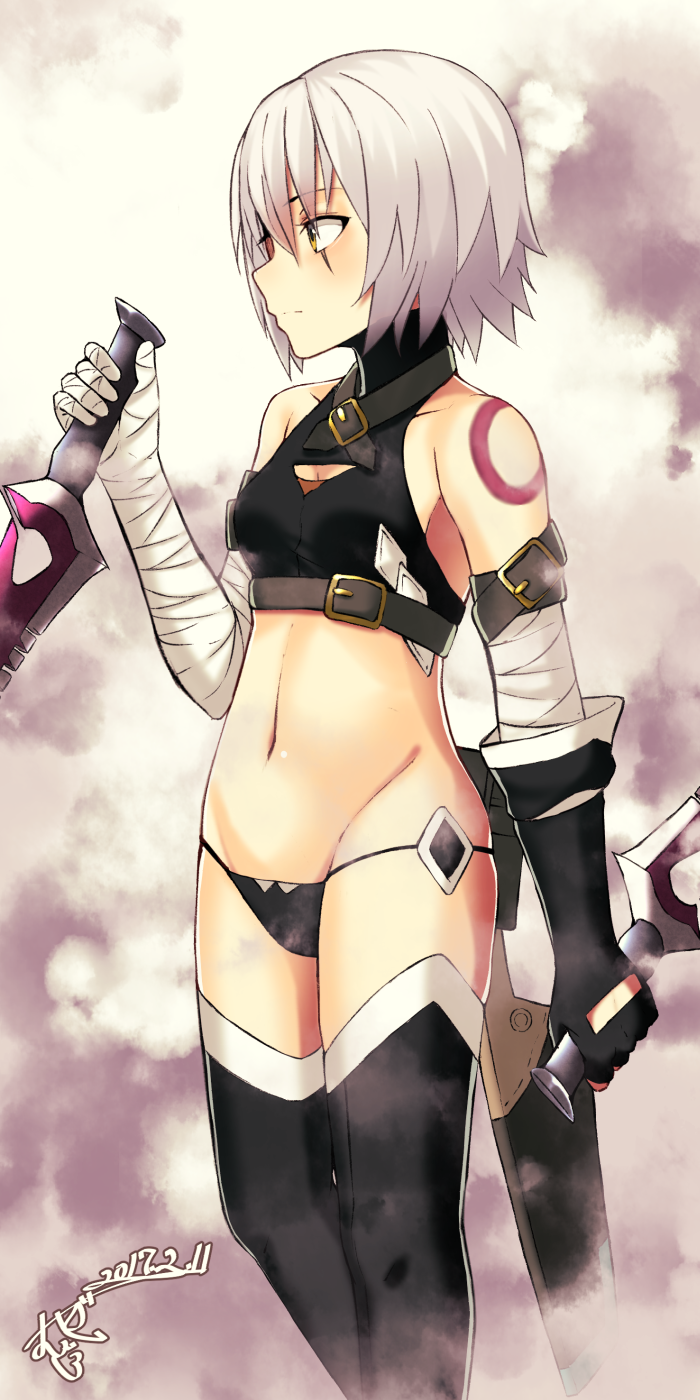 1girl artist_name assassin_of_black bandaged_arm bangs black_gloves black_legwear black_panties breasts cleavage_cutout crop_top dagger dated dual_wielding expressionless eyebrows_visible_through_hair fate/apocrypha fate_(series) fingerless_gloves gloves hair_between_eyes halterneck highres hips holding holding_weapon looking_to_the_side midriff mugipot navel panties short_hair signature silver_hair single_fingerless_glove small_breasts solo thigh-highs thighs underwear unsheathed weapon yellow_eyes