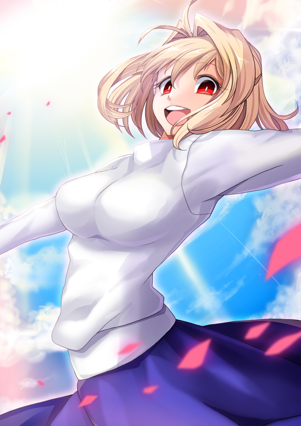 1girl :d ahoge antenna_hair arcueid_brunestud backlighting bangs blonde_hair blue_sky breasts clouds cloudy_sky commentary_request cowboy_shot eyebrows eyebrows_visible_through_hair hair_intakes happy highres long_skirt long_sleeves medium_breasts melty_blood miton_(caramel_choco) open_mouth outdoors outstretched_arms petals red_eyes round_teeth short_hair skirt sky smile standing sun sunlight sweater teeth tongue tsukihime turtleneck turtleneck_sweater type-moon