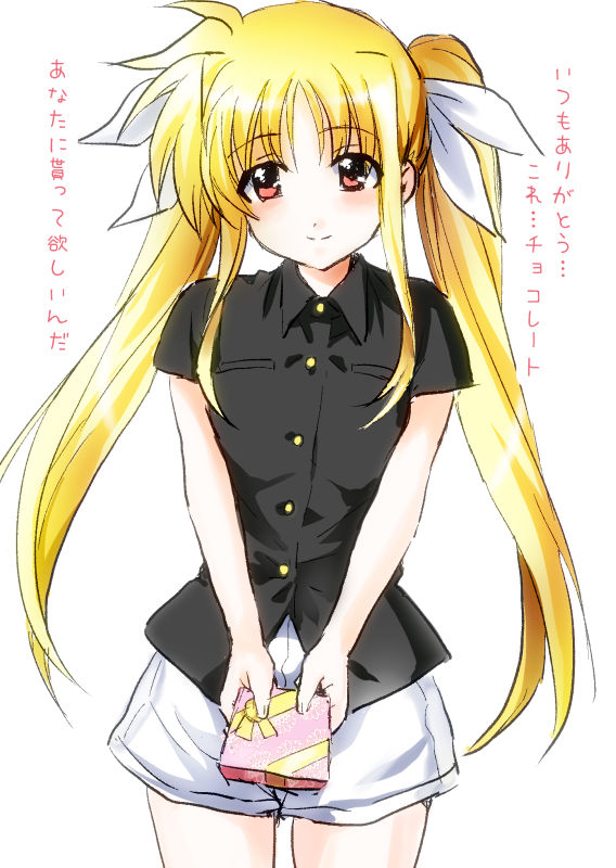 1girl blonde_hair blush box cowboy_shot fate_testarossa gift gift_box hair_ribbon long_hair looking_at_viewer lyrical_nanoha mahou_shoujo_lyrical_nanoha red_eyes ribbon rinoko shiny shiny_hair short_sleeves shorts simple_background smile solo translation_request twintails valentine white_background