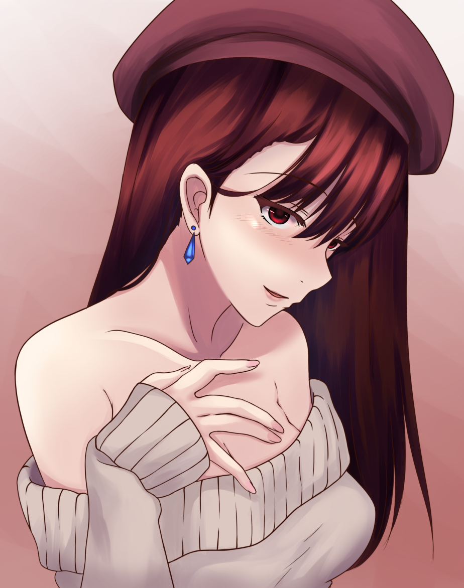 1girl :d bare_shoulders beret blush breasts brown_hair character_request collarbone earrings female gradient gradient_background hair_between_eyes hand_on_breast hand_on_own_chest hat highres jewelry lips long_hair looking_at_viewer neck off-shoulder_sweater open_mouth original pink_background red_eyes redhead sleeves_past_wrists smile solo sweater upper_body yami_kyon_oov
