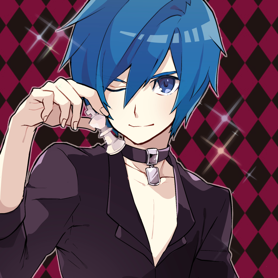 1boy alternate_costume argyle argyle_background blue_eyes blue_hair chess_piece choker closed_mouth collarbone hair_between_eyes kaito looking_at_viewer male_focus mysterious_butterfly_(module) one_eye_closed outline patterned_background pectorals project_diva_(series) project_diva_x smile solo sparkle upper_body vocaloid yoshiki