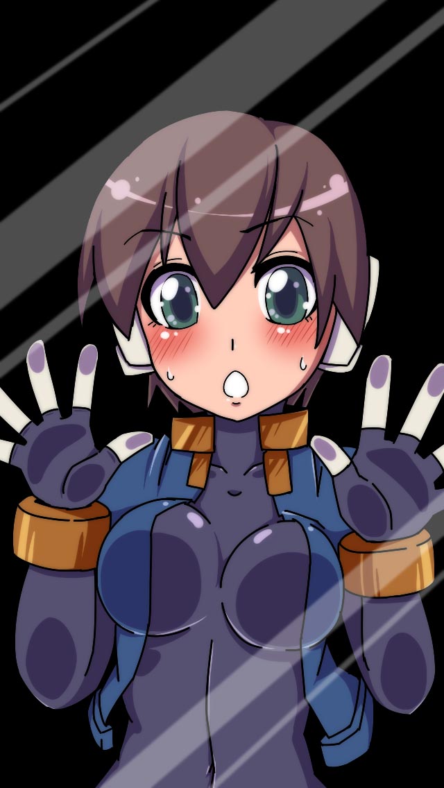1girl against_glass aile bodysuit breasts brown_hair covered_navel gloves rockman rockman_zx semikichi short_hair solo spandex