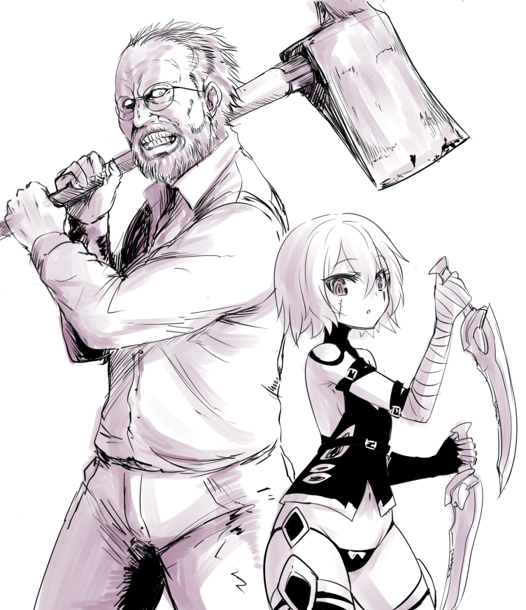 1boy 1girl assassin_of_black axe bare_shoulders beard crossover facial_hair fate/apocrypha fate/grand_order fate_(series) glasses jack_baker looking_at_viewer monochrome namesake navel okamura_(okamura086) panties resident_evil resident_evil_7 scar short_hair underwear weapon white_background