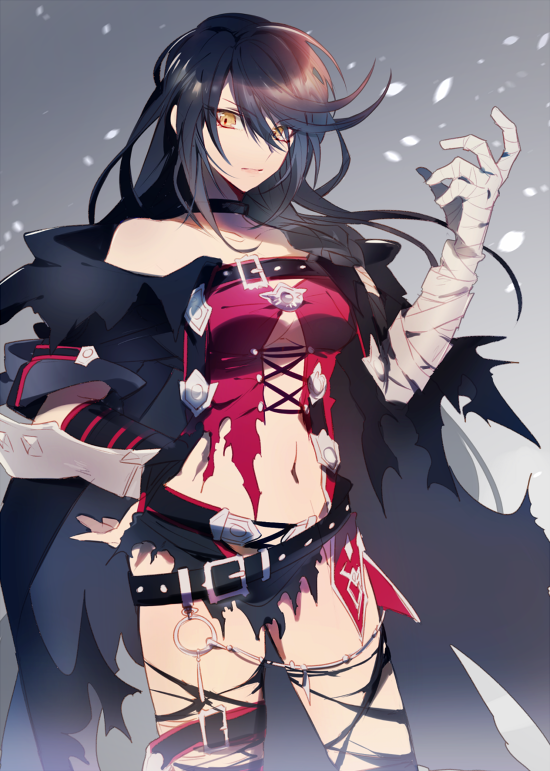 1girl bandage belt black_hair breasts choker claws cleavage collarbone eyelashes lace large_breasts long_hair navel solo tales_of_(series) tales_of_berseria under_boob velvet_crowe yellow_eyes